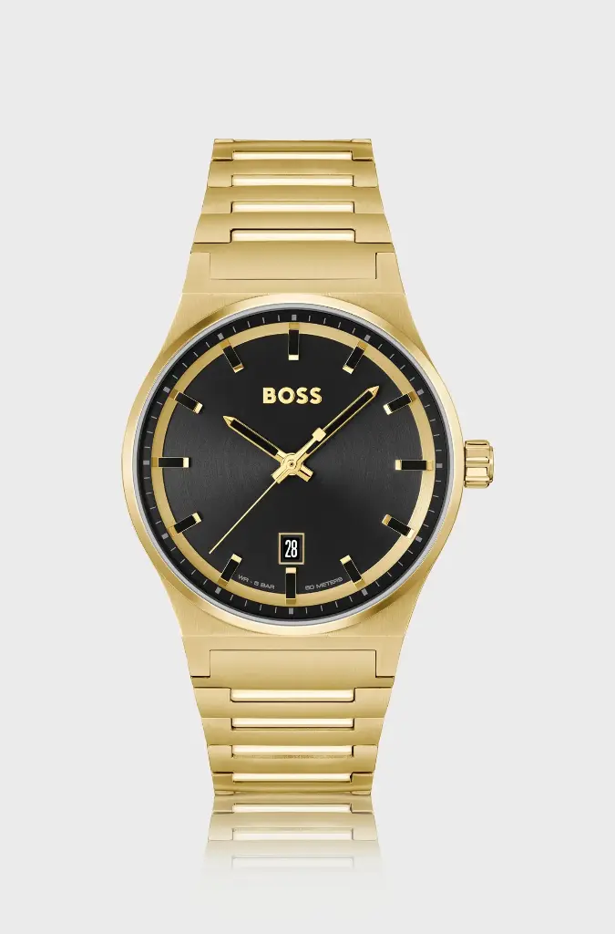 HUGO BOSS Black-dial watch with gold-tone link bracelet 