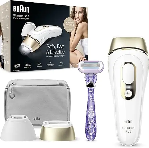 Braun IPL Silk Expert Pro 5 PL5117 Latest Generation IPL, Permanent Visible Hair Removal, With Precision Head Intense Pulsed Light, and Premium Pouch, White and Gold