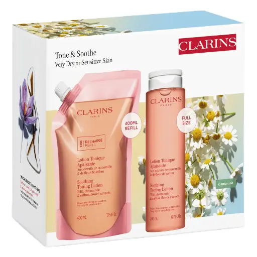 CLARINS SET TONE & SOOTHE VERY DRY OR SENSITIVE SKINمجموعة كلارنس لتوحيد لون البشرة وتهدئة البشرة الجافة جدًا أو الحساسة