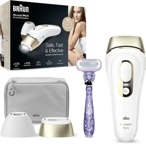 Braun IPL Silk Expert Pro 5 PL5117 Latest Generation IPL, Permanent Visible Hair Removal, With Precision Head Intense Pulsed Light, and Premium Pouch, White and Gold